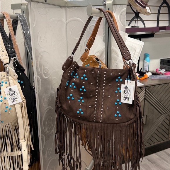 Bohemian Brown Shoulder Bag with Blue Studs - Picture 3 of 6